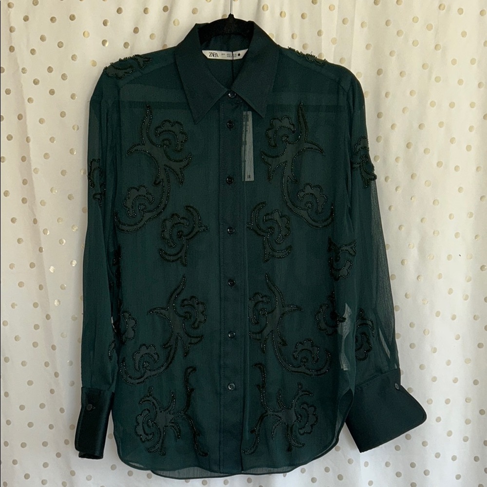 Zara Dark Green Sheer Embroidered Shirt Size S